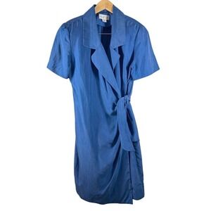 Papell Too Royal Blue Silk Short Sleeve Wrap Dress Size 12 Quiet Luxury Elegant